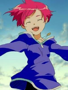 an anime character with pink hair and blue clothes is smiling at the camera while holding her arms out