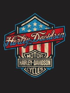 the harley davidson logo is shown in red, white and blue on a black background