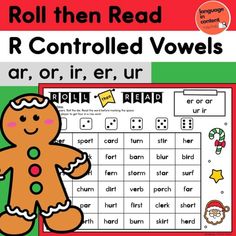 the roll and read r controlled words game with gingerbreads on it's side