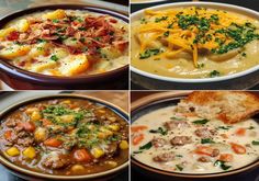 four different pictures of soups with cheese, bread and meat in them on a table