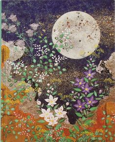 a painting with flowers in the foreground and a full moon in the background