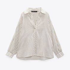 Zara Striped Shirt White V-neck Chic Shirt, White Office Shirt For Spring, Chic White Fall Shirt, White Shirt For Fall Day Out, Chic Neutral Fall Shirt, Casual White Office Blouse, White Linen Blouse For Fall, Zara Striped V-neck Tops, Elegant Striped Zara Top