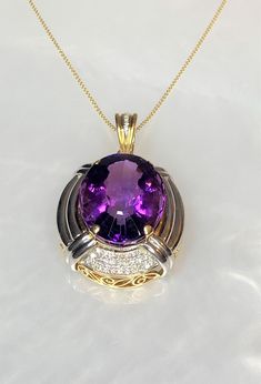 Amethyst Diamond Pendant, Vintage Amethyst Pendant, Amethyst Diamond Necklace, One of a Kind Amethyst , 60 carats, Amethyst Jewelry, OOAK The perfect accessory for your neckline! Make a statement with this retro two tone 18k gold pendant which may be converted into a pearl enhancer. Featuring an exceptional extra large amethyst weighing 61.06 carats accented by 1.20 carats of sparkling white diamonds. *Measurements: Length from bail: 2 3/8'' Length from top of pendant: 1 1/2'' Width: 1 3/8'' Hei Luxury Amethyst Necklace With Diamond Accents, Purple Amethyst Gemstones With Diamond Accents, Purple Amethyst Necklace With Diamond Accents, Luxury Purple Amethyst Gemstones, Purple Necklaces With Accent Stones For Formal Occasions, Formal Amethyst Pendant Gemstone, Dainty Earrings Studs, Antique Emerald Ring, Jewelry 2024