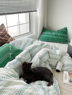 a black cat laying on top of a bed next to pillows