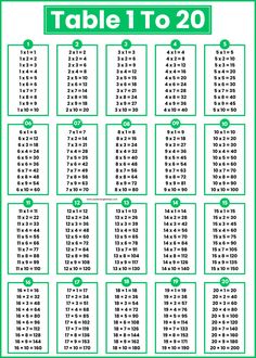 the table to 20 is shown in green and white, with numbers on each side