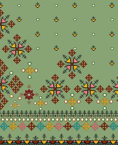 a green background with different colored designs and dots on the bottom, along with other patterns