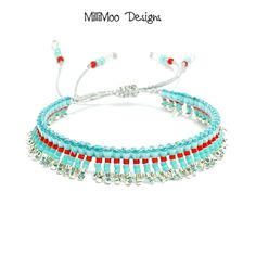 NEW "Abi" Gorgeous Turquoise Statement Boho Fringe Charm Detail Miyuki Beaded Bracelet 2mm and 1.6mm Miyuki Delica Beads Turquoise, Red & Silver Silver Sparkle Waxed Cord Friendship Style adjustable Size will fit 6.0" - 7.5" Wrist Fringe Bracelet, Bracelet Miyuki, Miyuki Bracelet, Ladies Bracelet, Boho Fringe, Tassel Bracelet, Bracelet Boho, Miyuki Beads, Delica Beads