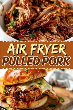 an air fryer pulled pork sandwich with bbq sauce and cheese on the side