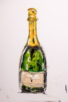 a painting of a bottle with green leaves in it