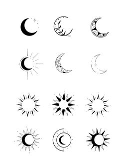 the sun, moon and stars are drawn in black ink