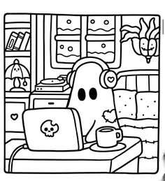 a black and white drawing of a cartoon character working on a laptop with a cup of coffee in front of him