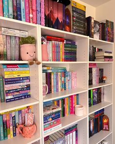 a bookshelf filled with lots of colorful books