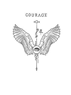 a drawing of two wings with the words courages on it and an eye in the middle