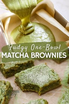 matcha brownies with green frosting in a pan and on top of a table