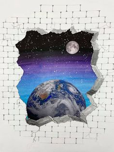 an image of the earth seen through a hole in a brick wall with space and stars