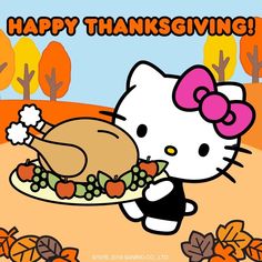 a hello kitty thanksgiving card with a turkey on a plate and the words happy thanksgiving