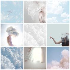 a series of photos with clouds and a woman's face in the middle, above them is an airplane