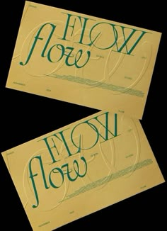 two yellow envelopes with green lettering on them and the words slow flow in blue ink