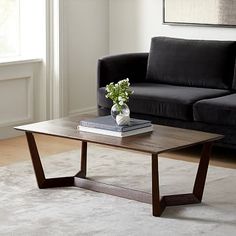 a living room with a black couch and coffee table