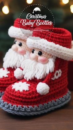 crocheted christmas baby booties with santa clause on the bottom and snowflakes