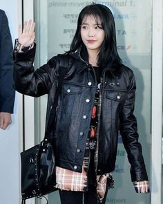 IU Airport Fashion Leather Oversized Jacket Alternative Style Outerwear For Concerts In Spring, Alternative Style Outerwear For Spring Concert, Alternative Spring Outerwear For Concerts, Alternative Style Black Leather Jacket, Casual Winter Biker Jacket For Concerts, Trendy Black Outerwear For Concert, Urban Style Outerwear For Fall Concerts, Urban Outerwear For Fall Concerts, Trendy Winter Outerwear For Concerts