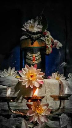 a candle is lit in front of some flowers