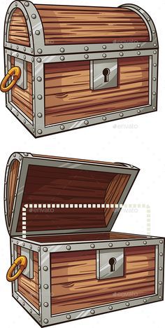 an open and closed wooden chest with chains on the sides - miscellaneous objects / objects illustrations