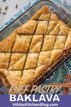 baked baklaa in a glass dish with chopsticks on the side and text overlay