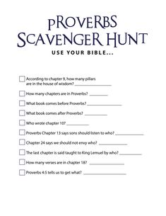 FREE Proverbs Bible Scavenger Hunt - Children's Ministry Deals Bible Scavenger Hunt, Bible Games For Kids, Bible Study Activities, The Book Of Proverbs, Learn The Bible, Bible Quiz, Book Of Proverbs, Bible Study Plans, Bible Study For Kids