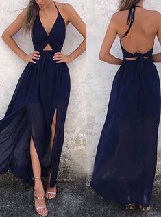 A Line Halter Floor Length Backless Navy Blue Chiffon Prom Dresses Blue Prom Gown, Prom Dress Pictures, Navy Blue Prom Dresses, Halter Prom Dresses, Modest Prom, Floor Length Prom Dresses, Backless Prom Dresses, Cute Prom Dresses, Piece Prom Dress