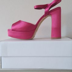 Heel Height 3" Block Heel Shoe Width -Medium Paddle Insole Hot Pink As Described On The Box Pink Open Toe Wedding Shoes With Heel Strap, Pink Open Toe Wedding Shoes, Block Heel Shoes, The Box, Women's Shoes Sandals, Block Heels, Shoes Sandals, Hot Pink, Heel Height