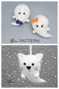 three different pictures of stuffed animals hanging from strings with captioning text that reads free pattern