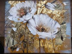 an abstract painting with gold and white flowers