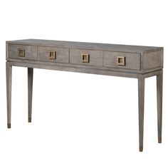 an antique console table with three drawers and gold knobs on the bottom, against a white background