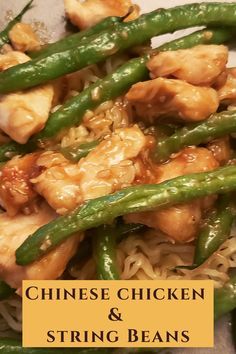 chinese chicken and string beans on a plate with text overlay that reads, chinese chicken and string beans