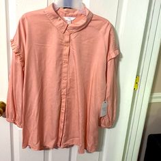 Time And Tru Women’s Ruffle Long Sleeve Button Front Shirt; 100% Lyocell; Color: Pink; Size: Xxl(20) Casual Blouse With Ruffled Collar For Daywear, Casual Blouse With Ruffled Collar, Casual Pink Top With Ruffled Collar, Feminine Collared Shirt For Fall, Casual Collared Blouse With Ruffles, Casual Top With Ruffled Collar And Button Closure, Casual Tops With Button Closure And Ruffled Collar, Relaxed Fit Button-up Blouse With Ruffles, Feminine Button Shirt For Fall