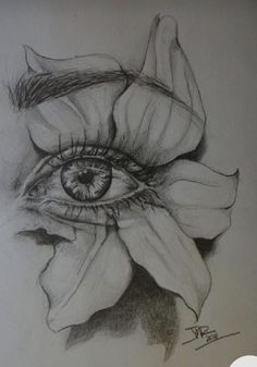 a pencil drawing of an eye and flower