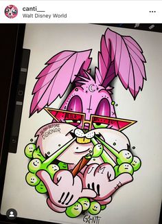 a drawing of a pink bunny with sunglasses on it's head and an eye patch