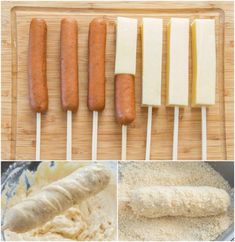 several different types of sausages on skewers and breadsticks with cheese