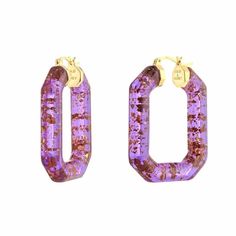 14k yellow gold over sterling silver acrylic hoops in purple with glitter. Gold Leaf Jewelry, Bamboo Hoop Earrings, Emerald Gem, Multi Dimensional, Handcrafted Accessories, Leaf Jewelry, Gold Flakes, Enamel Earrings, Pink Earrings