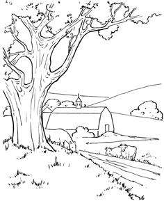 a black and white drawing of a tree with cows grazing in the field behind it