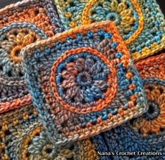 crocheted coasters are arranged on top of each other in different colors and patterns