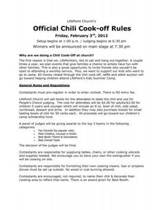 the official chili cook off rules is shown in this document, which includes instructions for how to