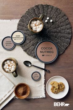 chocolate nutmeg cookies, marshmallows and coffee on a woven placemat