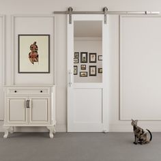 a cat sitting on the floor in front of an open door with pictures on it