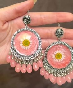 Resin handmade jhumka Handmade Pink Jhumkas For Festive Occasions, Clay Jhumka Earrings, Clay Jhumka, Handmade Pink Traditional Jhumkas, Resin Jhumka Earrings, Jhumka Designs, Dried Flower Jewelry, Pretty Jewelry Necklaces