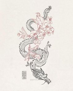 a drawing of a dragon with flowers on it's back and its tail curled up