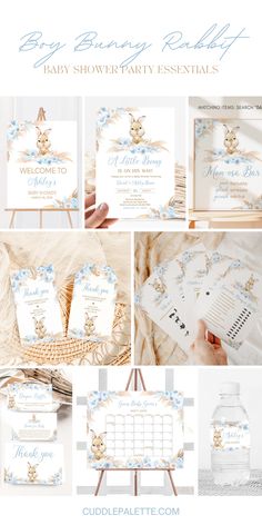 baby shower party essentials with blue and white flowers on the front, in gold foil