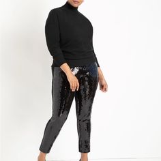 Nwt Black Sequin Leggings. Sequins On The Front No Sequins Missing Legging Material On The Back Sequin Side Is Lined Elastic Band Plus Size New Years, Plus Size New Years Eve Outfits, New Years Eve Outfits Plus Size, Plus Size Sequin Jumpsuit, Black Sequin Leggings, Sequin Pant, Sequin Leggings, Black Sequin Top, Black Faux Leather Leggings