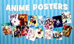 an anime poster is shown with many pictures on it and the words anime posters written in white